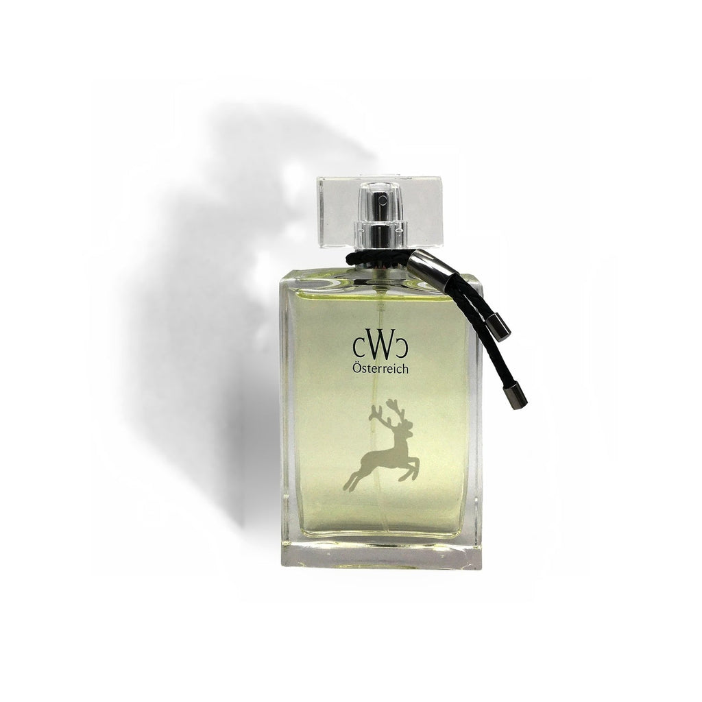 CWC GRÜNER HIRSCH PURE! Eau de Parfum 75 ml, eckiger Glasflakon mit hellgrünem Duft, weißem springendem Hirsch und schwarzer Lederkordel