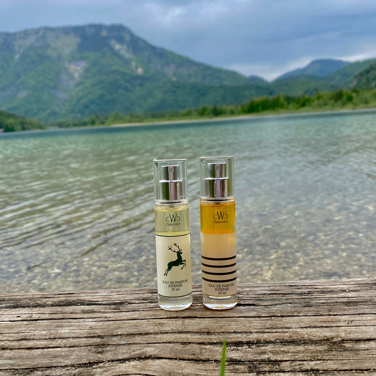 CWC GREEN STAG and GREYFLAME 20 ml fragrance set at Lake Offensee in Austria